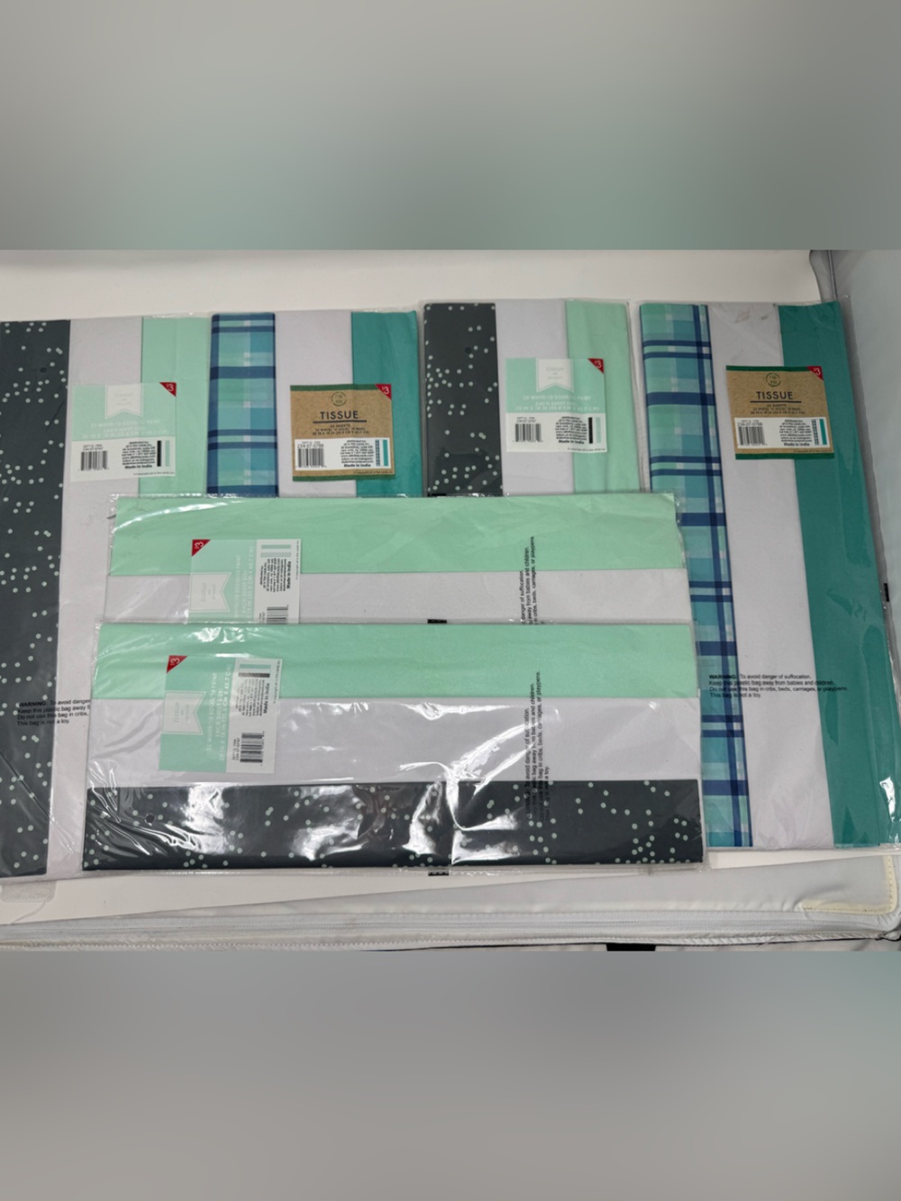 Striped and Plaid Mint Green & Gray Tissue Paper Set 300